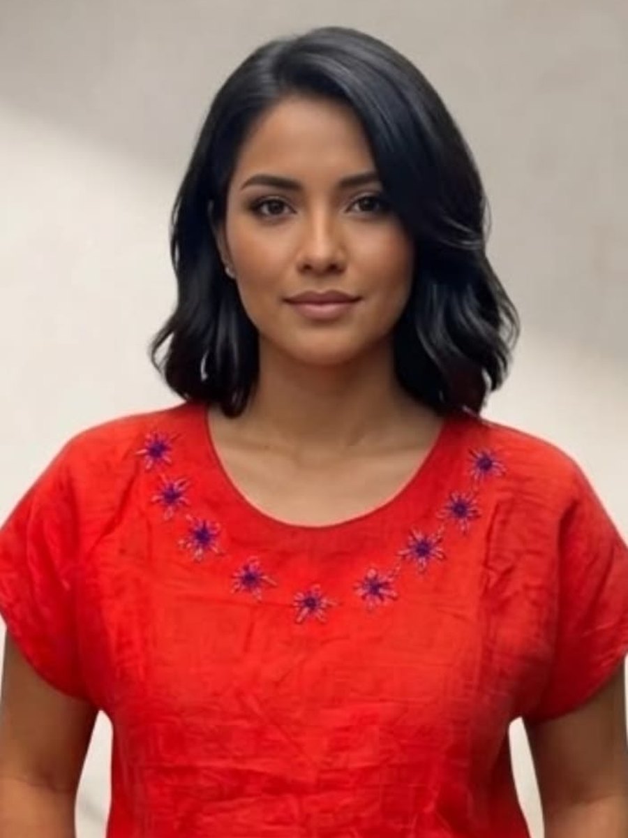 Blusa roja de manga corta con flores bordadas a mano en hilo morado alrededor del escote redondo
