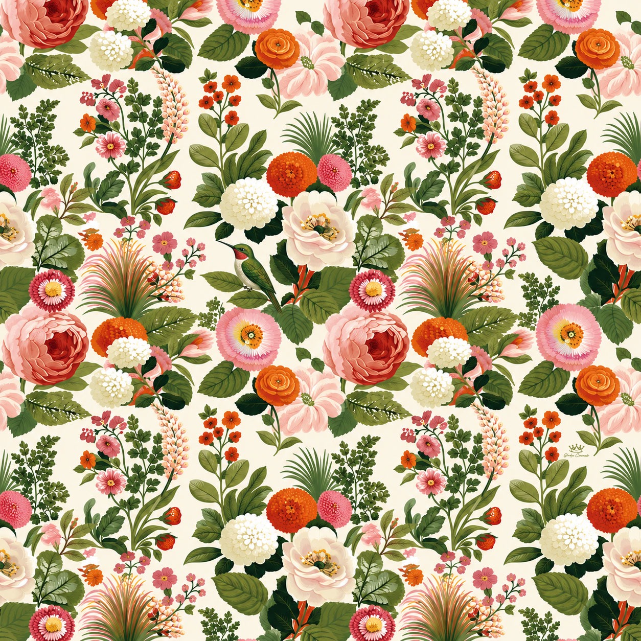 Diseño de estampado floral en tonos rosado, coral y blanco sobre fondo crema, con un colibrí entre las flores