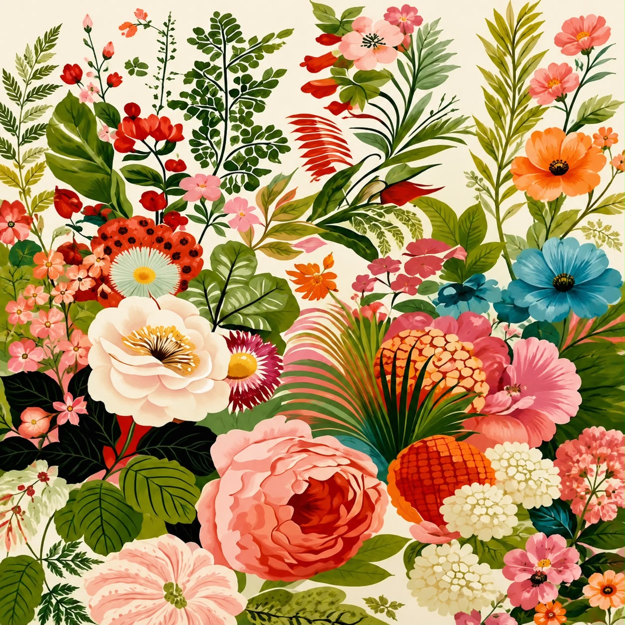 Diseño de estampado floral en tonos rosado, coral y azul sobre fondo crema