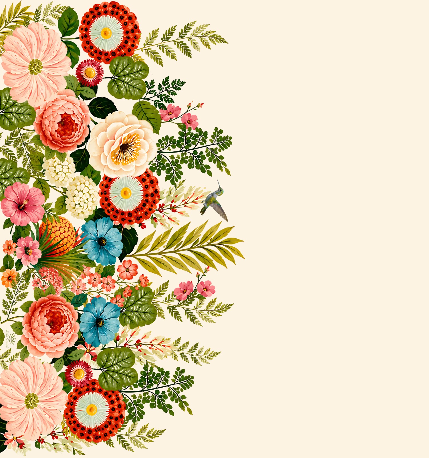 Diseño de estampado floral en cenefa lateral, en tonos rosado y coral con detalles azules sobre fondo crema, con un colibrí