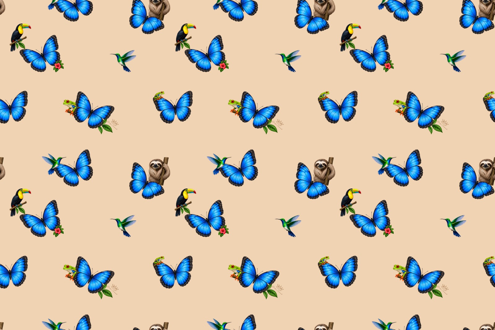 Diseño de estampado tropical en tono arena con mariposas azul morfo, tucanes, perezosos y ranas de ojos rojos