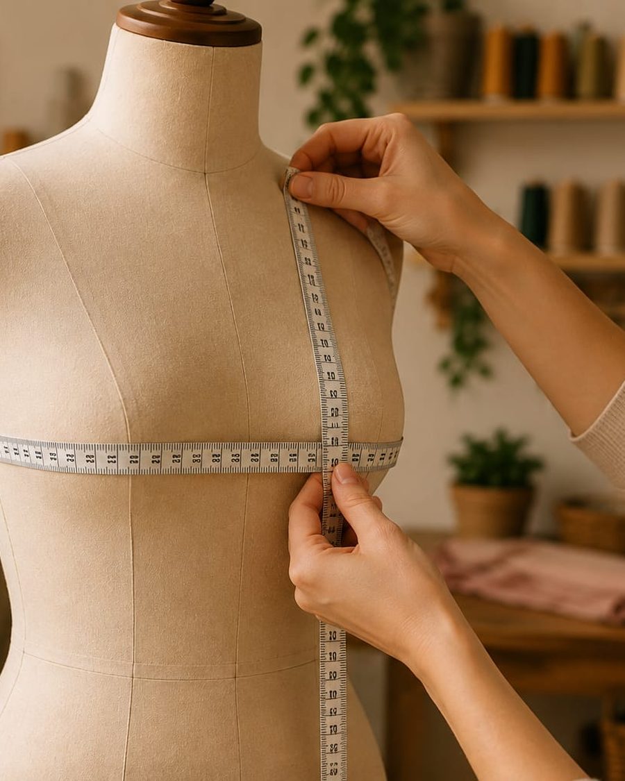 Dos manos sostienen una cinta métrica sobre un maniquí de modista: una cinta cruza el contorno de busto y otra baja desde el hombro para medir el talle