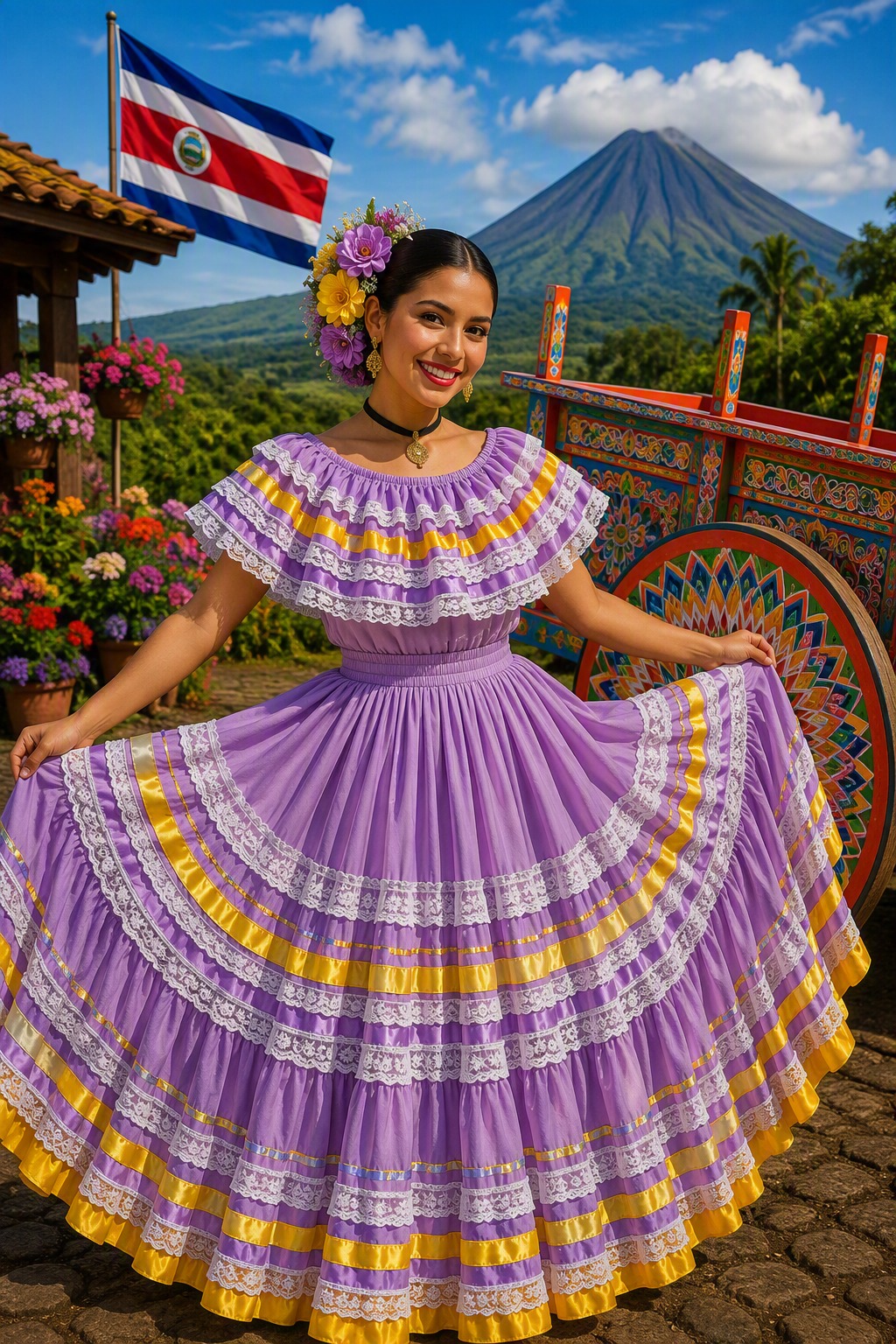 Diseño de traje típico en tela color lila con holanes de encaje blanco y cintas doradas, escote descubierto y falda de vuelos por capas
