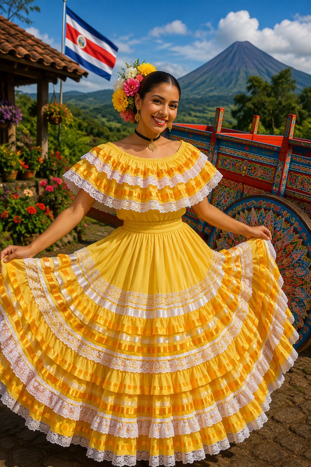 Diseño de traje típico en tela amarilla con holanes de encaje blanco y cintas doradas, escote descubierto y falda de vuelos por capas
