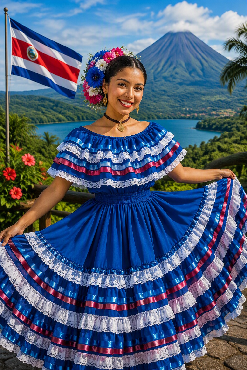 Diseño de traje típico en tela azul con holanes de encaje blanco y cintas rojas, escote descubierto y falda amplia de vuelos