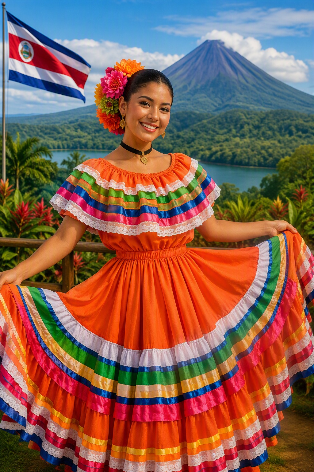 Diseño de traje típico en tela naranja con holanes de encaje blanco y cintas de varios colores, escote descubierto y falda amplia de vuelos
