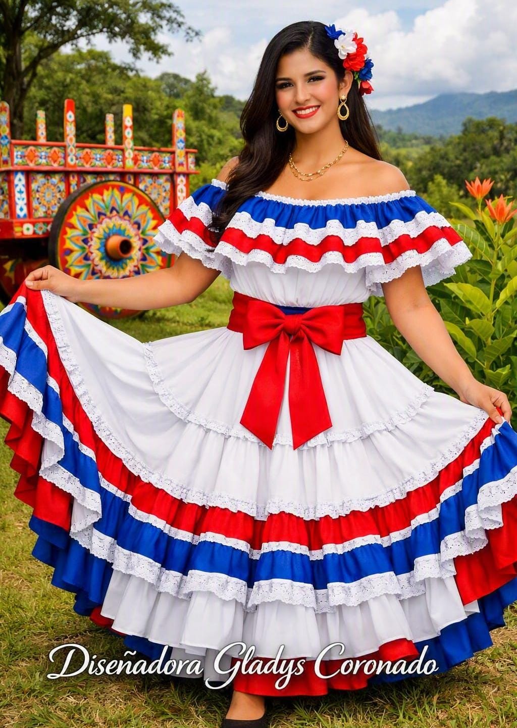 Diseño de traje típico en tela blanca con holanes de cintas rojas y azules, faja roja en lazo al frente y falda amplia de vuelos