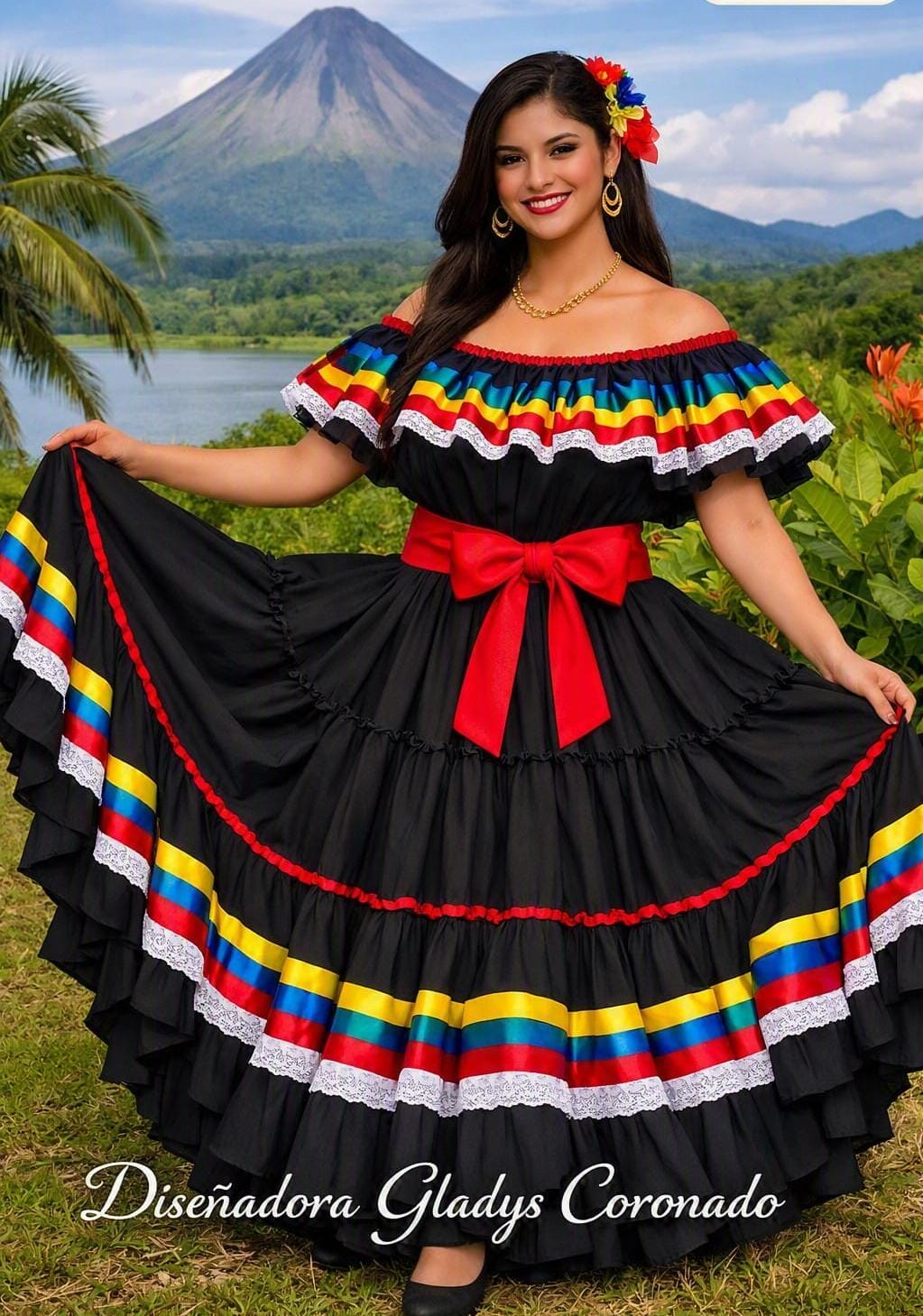 Diseño de traje típico en tela negra con holanes de cintas de varios colores, faja roja en lazo al frente y falda amplia de vuelos