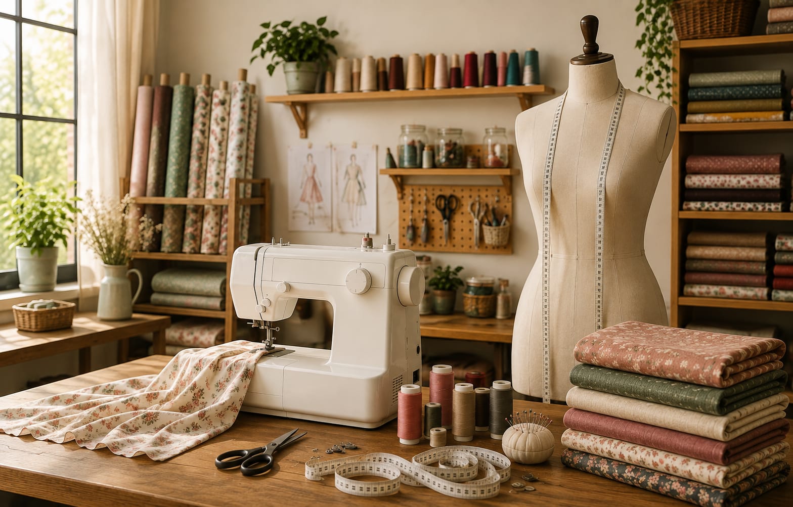 Taller de costura: máquina de coser sobre una mesa de madera con telas, hilos, tijeras y cinta métrica, un maniquí de modista al fondo y estantes con rollos de tela